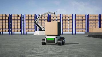 bil robot transporter lastbil låda med ai gränssnitt objekt för tillverkning industri teknologi produkt exportera och importera av framtida robot cyber i de lager förbi ärm mekanisk framtida teknologi video