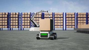 auto robot transporten vrachtauto doos met ai koppel voorwerp voor fabricage industrie technologie Product exporteren en importeren van toekomst robot cyber in de magazijn door arm mechanisch toekomst technologie video