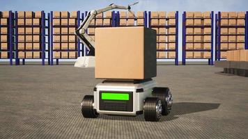 el robot del automóvil transporta la caja del camión con el objeto de interfaz ai para la exportación e importación de productos tecnológicos de la industria manufacturera del futuro robot cibernético en el almacén por brazo tecnología futura mecánica video