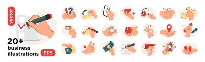 Vector illustrations of digital marketing with hands. The concept of a business idea, startup, organization, brainstorming. Mega set isolated on a white background