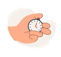 The hand holds the stopwatch watch. The concept of a business idea, startup, organization, brainstorming. Vector illustration isolated on a white background