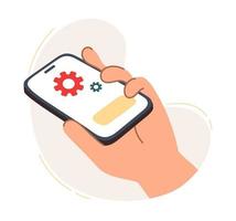 The hand holds the smartphone. The concept of a business idea, startup, organization, brainstorming. Vector illustration isolated on a white background