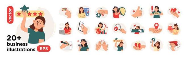 Vector illustrations of digital marketing with characters. The concept of a business idea, startup, organization, brainstorming. Mega set isolated on a white background