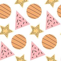 Seamless abstract colorful doodle geometric shapes. Triangles, stars, circles with line. vector