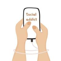 Social addict concept. Mobile phone connected to woman hands by charger. vector
