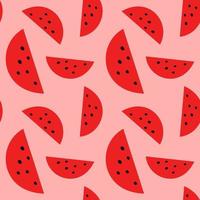 Pink juicy watermelon slices girly seamless pattern. Red fruit pieces with seeds. vector