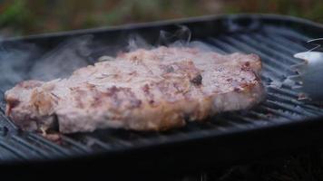 Grilled beef steak with spices on the grill with smoke. video