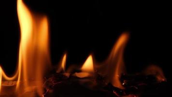 Close-up of burning paper with fire element isolated on black background. flame stream video