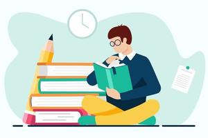 Student sitting on the floor and reading a book. Vector illustration in flat style