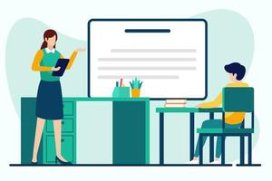 Man and woman sitting at desk in office and discussing something. Vector illustration in flat style