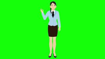 Young woman cartoon characters shows ok sign with finger and talking animation 4k green screen video