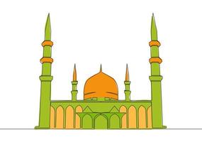 One continuous line drawing of Islamic historical landmark masjid or mosque. The ancient building that works as a place of worship for muslim person concept single line draw design vector illustration