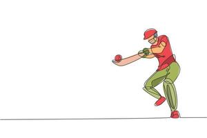 One continuous line drawing of young happy man cricket player focus to hit the ball hard vector illustration. Competitive sport concept. Dynamic single line draw design for sport advertisement poster