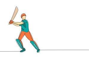 un dibujo de línea continua de una joven feliz posición de jugador de cricket de pie para golpear la ilustración de vector de pelota. concepto de deporte competitivo. diseño dinámico de dibujo de una sola línea para póster publicitario