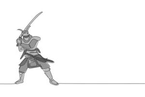 un dibujo de línea continua del joven samurai shogun de valentía con máscara lista para atacar en la sesión de entrenamiento. concepto de deporte de combate de artes marciales. Ilustración de vector de diseño de dibujo de línea única dinámica