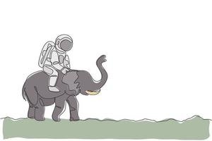dibujo de línea continua única de cosmonauta con traje espacial montando elefante asiático, animal salvaje en la superficie de la luna. concepto de viaje de safari de astronauta de fantasía. Ilustración de vector de diseño de dibujo de una línea de moda