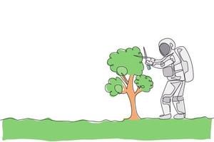 un dibujo de línea continua de un astronauta cortando una hoja de árbol usando tijeras de jardinería en la superficie de la luna. concepto de astronauta de jardinería del espacio profundo. Ilustración de vector gráfico de diseño de dibujo de línea única dinámica