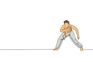 un dibujo de una sola línea de un joven enérgico bailarín de capoeira que realiza una ilustración gráfica vectorial de lucha de baile. concepto de deporte de estilo de vida de arte marcial tradicional. diseño moderno de dibujo de línea continua vector