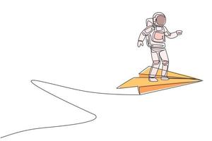 Single continuous line drawing of young astronaut standing steady still at flying paper plane on the sky. Cosmonaut outer space concept. Trendy one line draw graphic design vector illustration