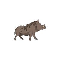 Single continuous line drawing of wild common warthog for company logo identity. Saharan Africa pig mascot concept for national conservation park icon. Modern one line draw design vector illustration