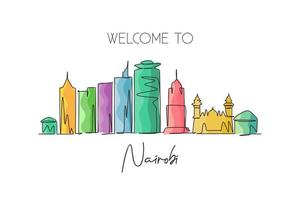 Single continuous line drawing of Nairobi city skyline, Kenya. Famous city scraper and landscape home wall art decor poster print. World travel concept. Modern one line draw design vector illustration