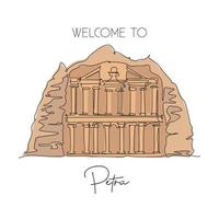 One single line drawing Al Khazneh Petra old temple landmark. Famous place in Jordan. Tourism travel postcard home wall decor poster art concept. Modern continuous line draw design vector illustration