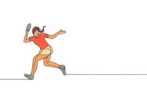 un dibujo de una sola línea de una joven y enérgica jugadora de tenis de mesa corriendo para atrapar la ilustración vectorial de la pelota. concepto de entrenamiento deportivo. diseño moderno de dibujo de línea continua para el banner del torneo de ping pong vector