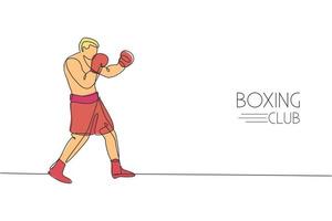 un dibujo de línea continua de un joven boxeador deportivo mejora la habilidad de defensa. concepto de deporte de combate competitivo. ilustración de vector de diseño de dibujo de línea única dinámica para cartel de promoción de combate de boxeo