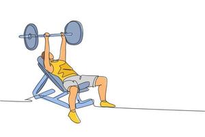 Single continuous line drawing of young sportive man training lift barbell on bench press in sport gymnasium club center. Fitness stretching concept. Trendy one line draw design vector illustration