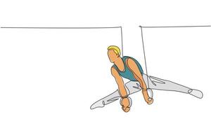 un dibujo de línea continua de un joven ejerciendo anillos constantes en gimnasia. atleta gimnasta en leotardo. deporte saludable y concepto activo. Gráfico dinámico de ilustración vectorial de diseño de dibujo de una sola línea vector