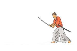 un dibujo de línea continua de la pose de guerrero samurai de valentía joven listo para atacar en la sesión de entrenamiento. concepto de deporte de combate de artes marciales. Ilustración gráfica de vector de diseño de dibujo de línea única dinámica