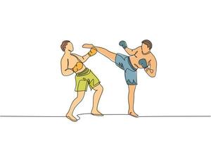 One single line drawing of young energetic man kickboxer practice sparring fight with partner in boxing arena vector illustration. Healthy lifestyle sport concept. Modern continuous line draw design