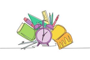 Single continuous line drawing of alarm clock with book, pencil, pen, ruler, compass set. Back to school minimalist style. Education concept. Modern one line draw graphic design vector illustration