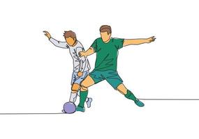Single continuous line drawing of young energetic football player fighting for the ball at the competition game. Soccer match sports concept. One line draw design vector illustration
