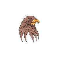 One continuous line drawing of strong eagle head for delivery service logo identity. Hawk mascot concept for bird conservative park icon. Trendy single line draw graphic vector design illustration