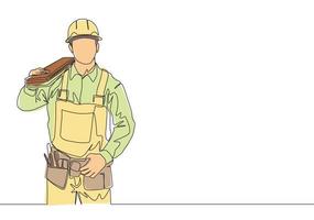 Single continuous line drawing of young handsome lumberjack on uniform carrying stack of wooden boards. Building construction service concept one line draw design illustration vector