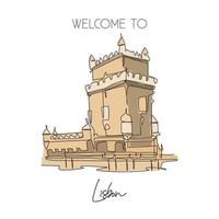 Single continuous line drawing Belem Tower landmark. Famous place in Lisbon, Portugal. World travel home wall decor art poster print campaign concept. Dynamic one line draw design vector illustration