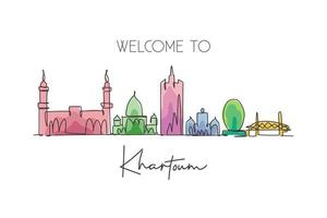 One continuous line drawing of Khartoum city skyline, Sudan. Beautiful landmark wall decor poster print art. World landscape tourism and travel. Stylish single line draw design vector illustration