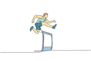 Single continuous line drawing of young happy health runner man jump running through hurdle barrier at run track. Run sport healthy lifestyle concept. Trendy one line draw design vector illustration