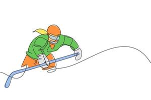 Single continuous line drawing of young professional ice hockey player hit the puck and attack on ice rink arena. Extreme winter sport concept. Trendy one line draw design graphic vector illustration