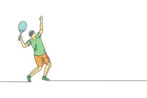 un dibujo de línea continua de un joven tenista feliz haciendo servicio y golpeando la pelota. concepto de deporte competitivo. ilustración de vector de diseño de dibujo de línea única dinámica para cartel de promoción de torneo