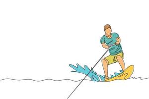 un dibujo de línea continua de un joven enérgico divertido jugar wakeboard en el océano. concepto de deporte de estilo de vida saludable. felices vacaciones turísticas. Ilustración de vector de diseño de dibujo de línea única dinámica