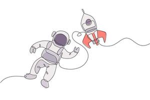 One single line drawing of astronaut in spacesuit floating and discovering deep space with rocket spaceship vector illustration. Exploring outer space concept. Modern continuous line draw design