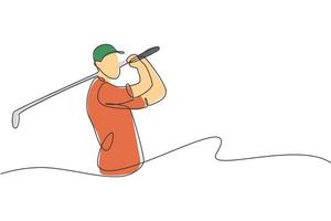 One continuous line drawing of young golf player swing golf club and hit the ball. Leisure sport concept. Dynamic single line draw design graphic vector illustration for tournament promotion media