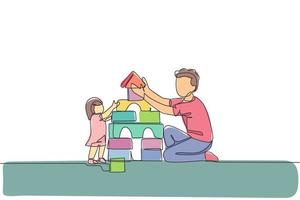 One continuous line drawing of young happy father playing build a brick house with lovely daughter at home. Family parenting concept. Dynamic single line draw design graphic vector illustration