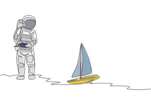 One single line drawing of astronaut playing sailboat radio control in moon land vector graphic illustration. Doing hobby while leisure time in deep space concept. Modern continuous line draw design