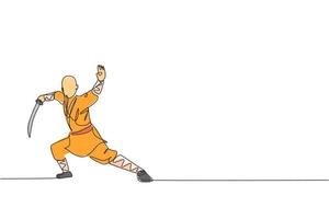 One single line drawing of young energetic shaolin monk man exercise kung fu fighting with sword at temple vector illustration. Ancient martial art sport concept. Modern continuous line draw design