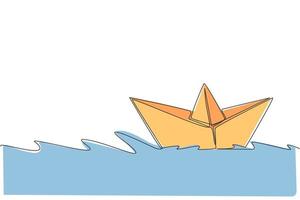 Single continuous line drawing of paper boat sailing on the water river. Origami toy concept. Trendy one line draw design graphic vector illustration