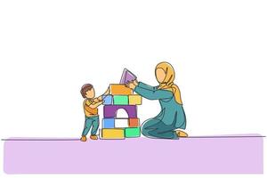 One continuous line drawing of young Arabian mother playing block foam puzzle brick with son. Happy Islamic muslim loving parenting family concept. Dynamic single line draw design vector illustration