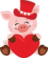 Adorable pig with red hat holding a valentine red heart vector